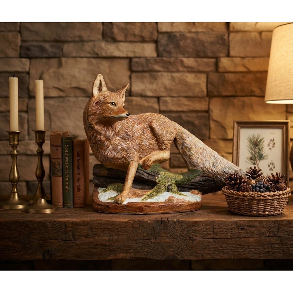 Vintage Ceramic Red Fox Figurine Wildlife Sculpture Rustic Cabin Decor 14 Inch